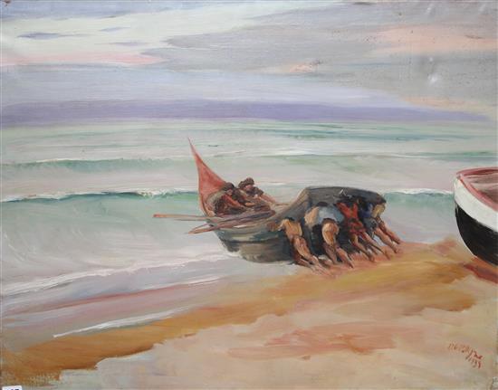 Adrien Dupagne (1889-1980), oil on canvas, Fishermen putting out to sea, signed and dated 1939, 65 x 81cm